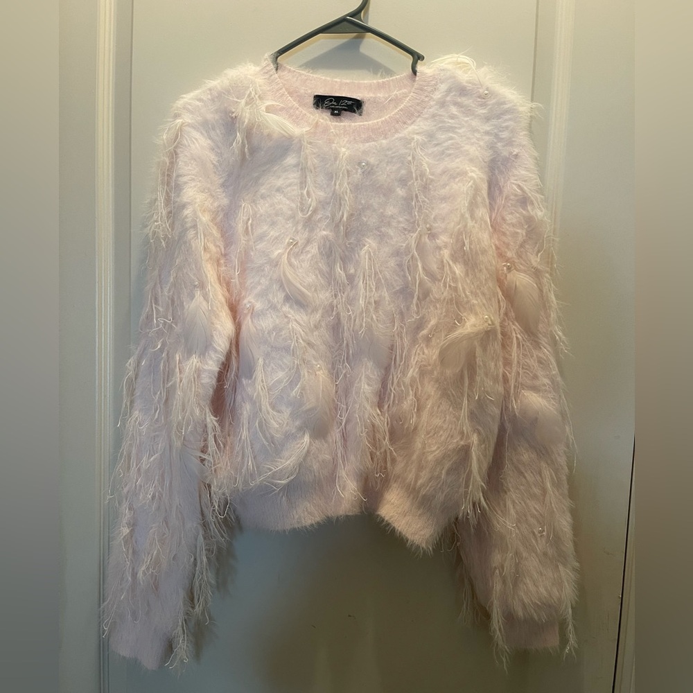 Women's young and contemporary Feathers and Pearls soft Pink Sweater XL